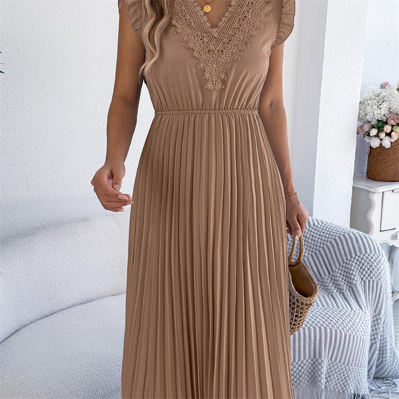 2026 Spring/Summer Women's Lace V-neck Black Ear Edge Waist Pleated Dress S-XL