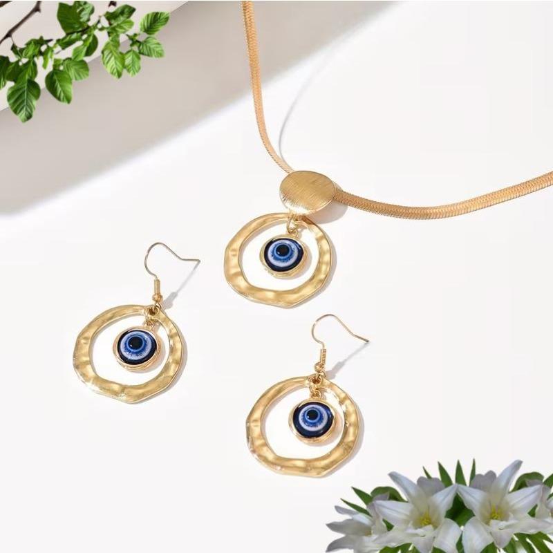 Geometric Hollow Round Turkey Blue Eyes Pendant Necklace Earrings Set Flat Snake Chain Foreign Trade