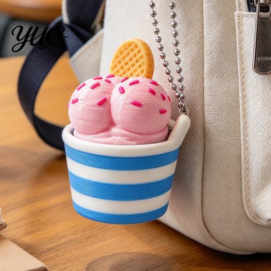 Small Gift for Party Favors 3D Printed Ice Cream Cup Fidget Clicker Keychain, Cute Dessert Stress Simulated Food Keychain Relief Click Toy, Mini Desk