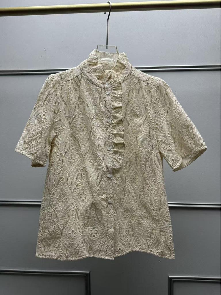 French Retro Mori-kei Embroidered Hollow Wood Ear Trim Solid Color Short Sleeve Shirt for Women