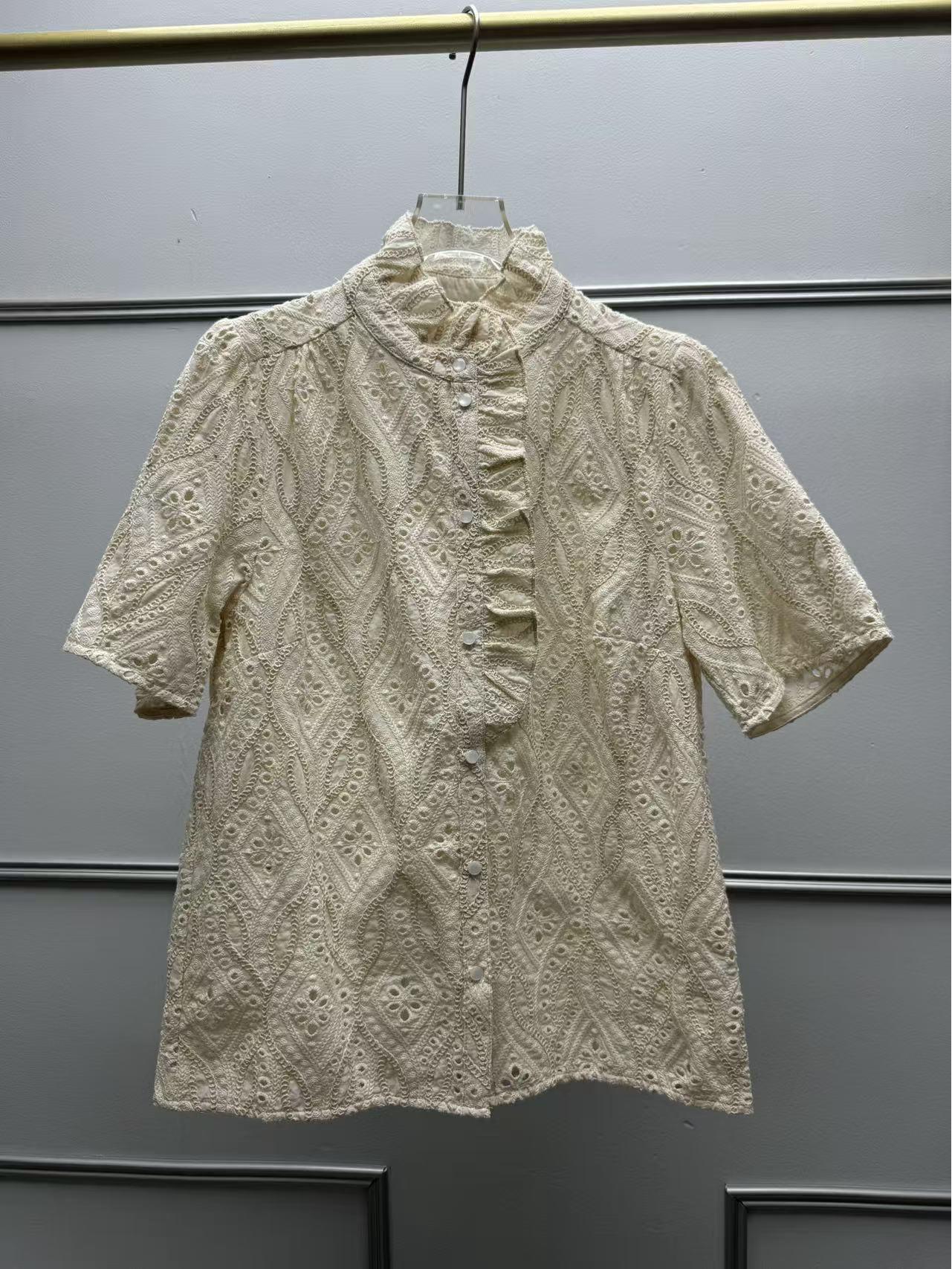 

Французская Ретро Рубашка Mori-kei с Вышивкой и Ажурной Отделкой из Древесных Ушей, Однотонная, с Коротким Рукавом, для Женщин 36 (M) абрикосовый