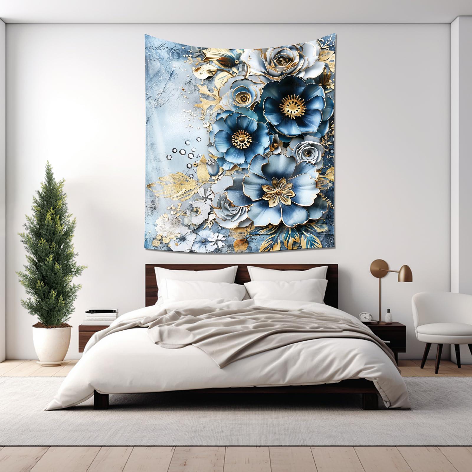 Blue and Gold Entwined Flower Tapestry Prime Choice for Living Room Art Decor 74x94cm(29x37in)