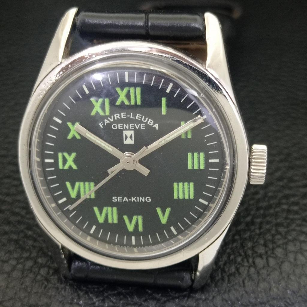 HAND-WINDING VINTAGE FAVRE LEUBA 111 SEA KING SWISS MENS BLACK WATCH a703003-1