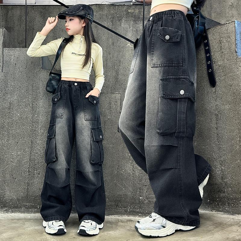 Spring and Autumn Girls' Jeans  Kids Vintage Distressed Jeans with Pocket for Girls High Street Denim Pants Teens Child Baggy Cargo Jeans Trousers