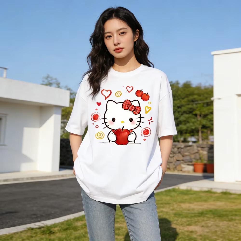 2026 Summer Hello Kitty Cartoon Pattern Printed ShortSleeved Cotton Womens TShirt Classic Fashion Top