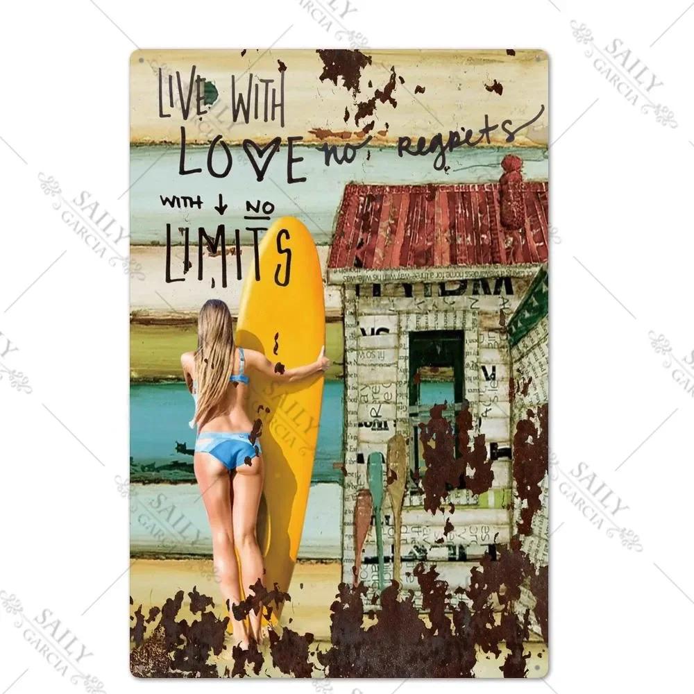 Vintage Surfing Girls Metal Sign Posters for Home Decor Fashion Art Wall Mural Bar Pub Sign Decor Metal Plate