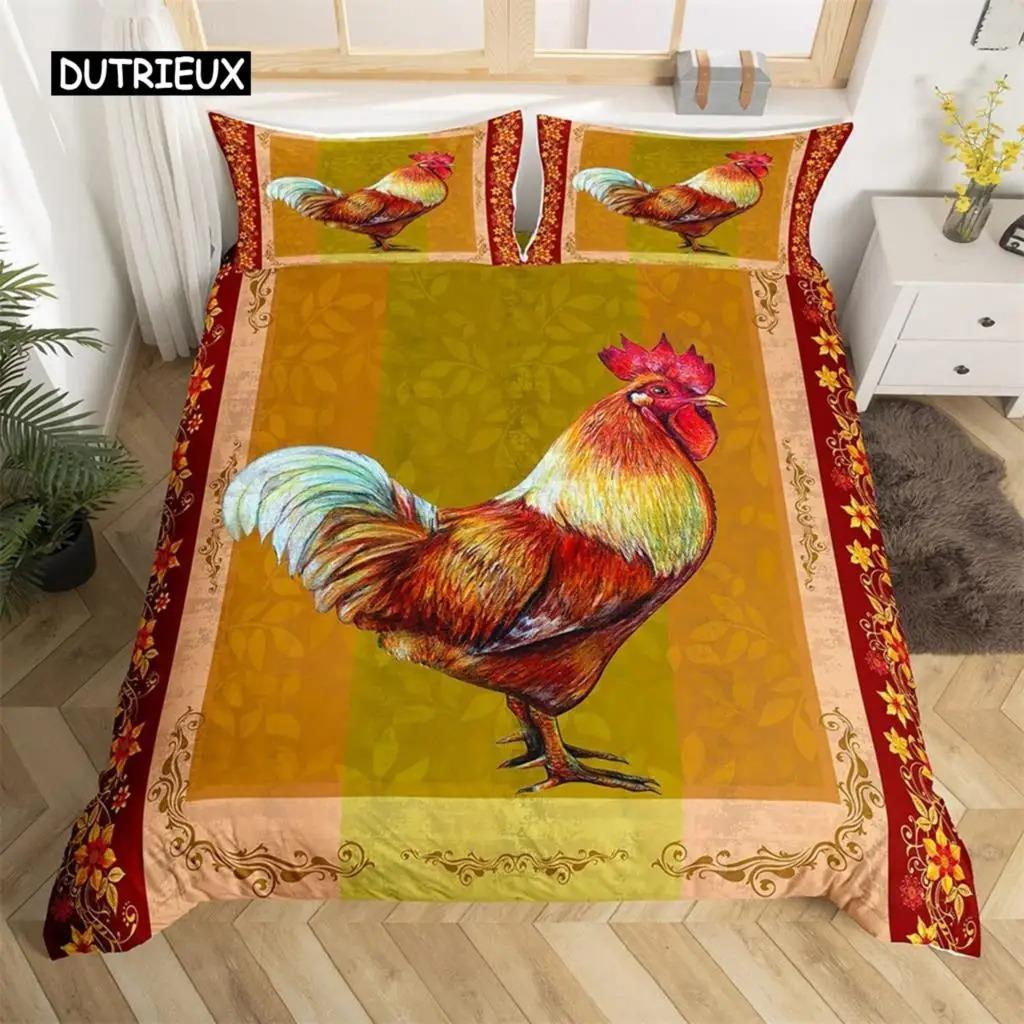 Duvet Cover Pastoral Scenery Animal Chicken Twin Country Sunflower Rooster Comforter Cover Microfiber Rustic Barn Bedding Set