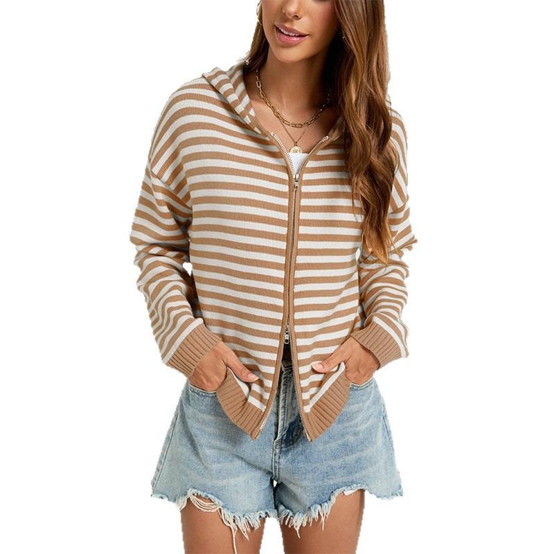 Women S Striped Hooded Zip Knit Cardigan Loose Fit Long Sleeve Sweater