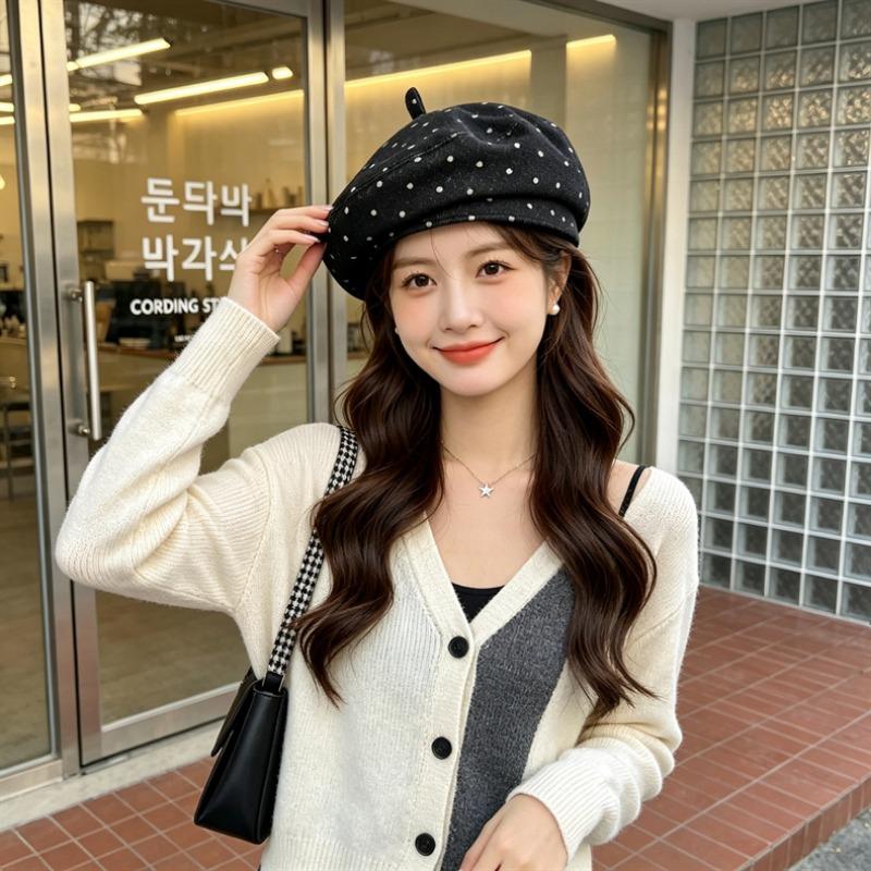 Women S Vintage Polka Dot Beret Hat Large Size Fashionable Painter Cap