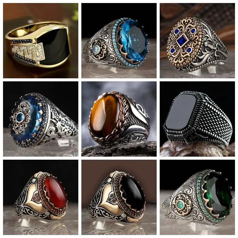 30 Styles Vintage Handmade Turkish Signet Ring For Men Women Ancient Zinc Alloy Color Black Onyx Stone Punk Rings Religious Zircon
