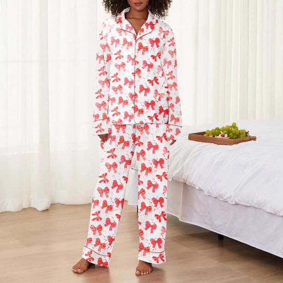 2 Stück/Set Valentinstag Pyjama Schleifendruck Revers Knopfleiste Langarmhemd