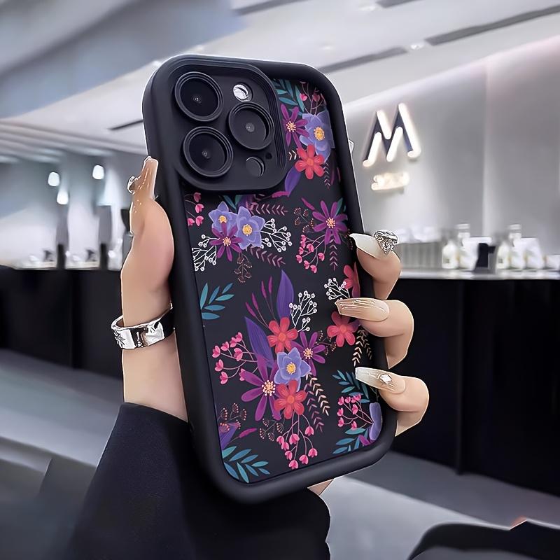 Black floral printed TPU phone case suitable for iPhone 17 16 15 14 13 12 11 Pro/Max/Plus anti drop and shockproof back cover