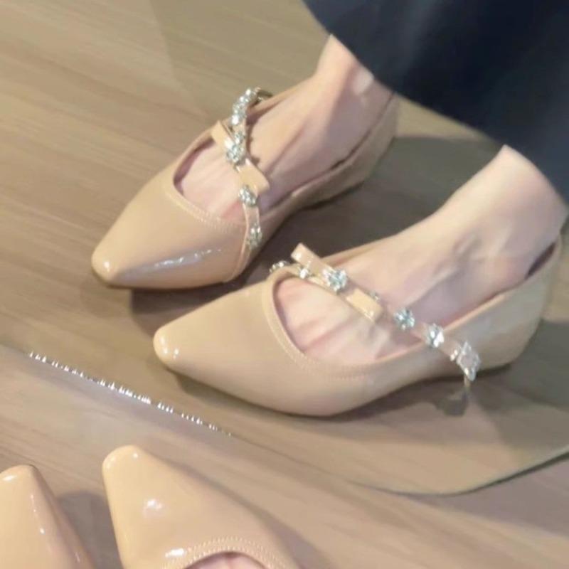 Temperament inner height increase nude pointed rhinestone light mouth single shoes women's autumn new soft sole versatile Mary Jane shoes