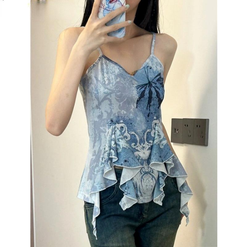 Women Clothing Summer Tanks Chic Sexy Print Sling Vest Sweet Ruffles Tunic Backless Camis 2024 Ropa Mujer Korean Y2k Crop Tops