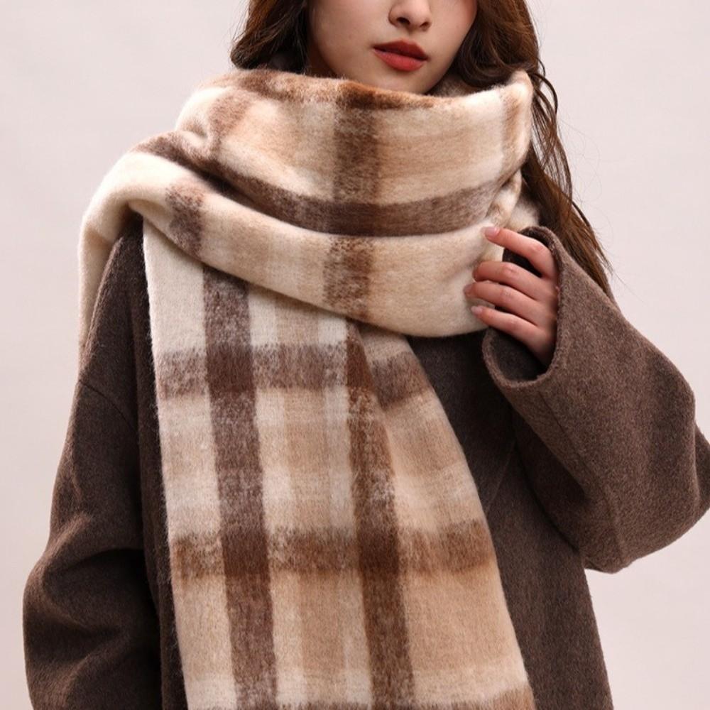 Plush Plaid Wool Scarf Mohair Long Shawl Elegant Winter Cashmere Scarves  Girl