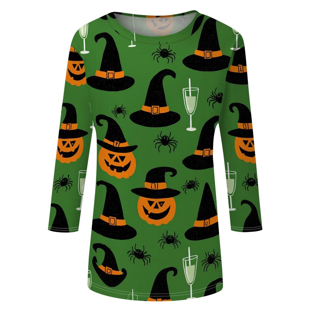 Women's Casual Halloween Print Top Three Quarter Sleeve Crew Neck Shirt Lightweight Comfortable Fit Seasonal Design
