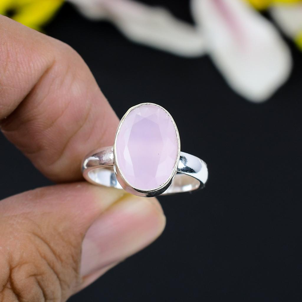 Pink Chalcedony Gemstone Handmade 925 Sterling Silver Jewelry Ring Size 7 KG-353
