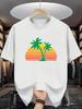 Unisex White Tee Retro Sunset Palm Tree Tropical Beach Graphic Print Crew Neck Short Sleeve Summer Casual Male Cotton Street Top