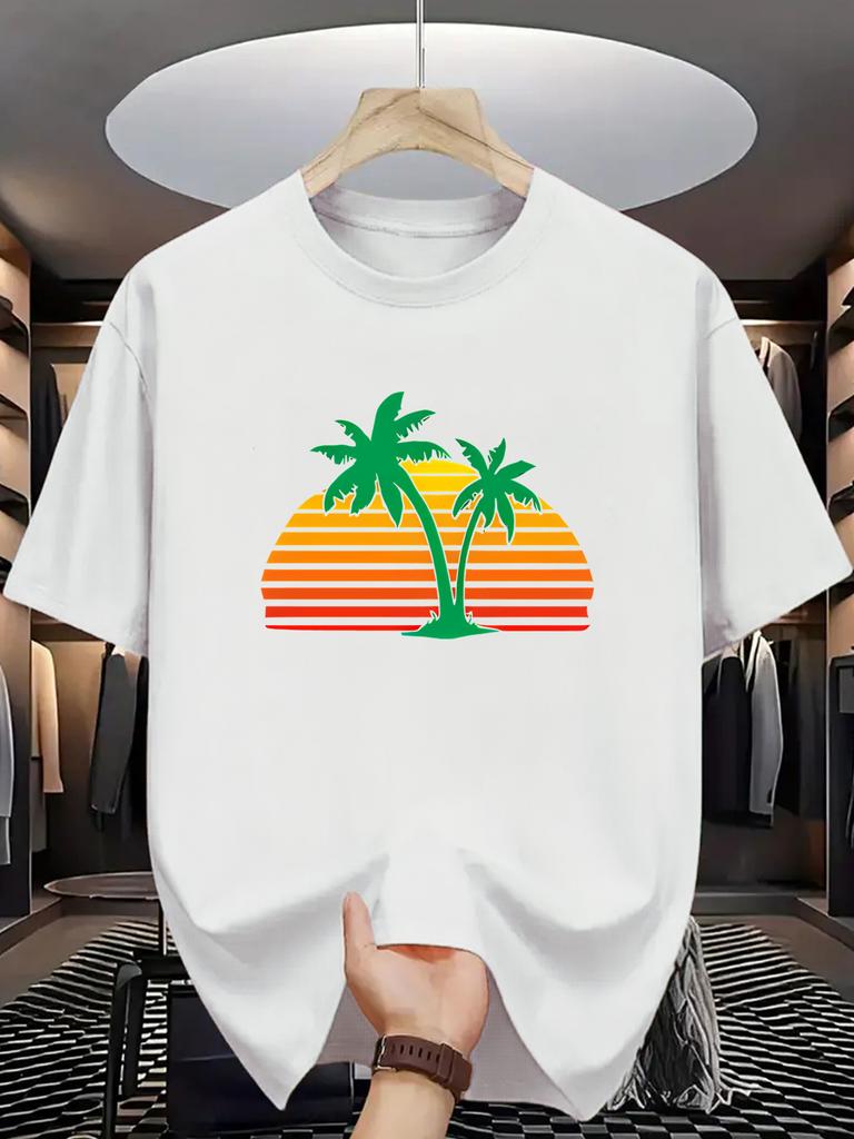 Unisex White Tee Retro Sunset Palm Tree Tropical Beach Graphic Print Crew Neck Short Sleeve Summer Casual Male Cotton Street Top