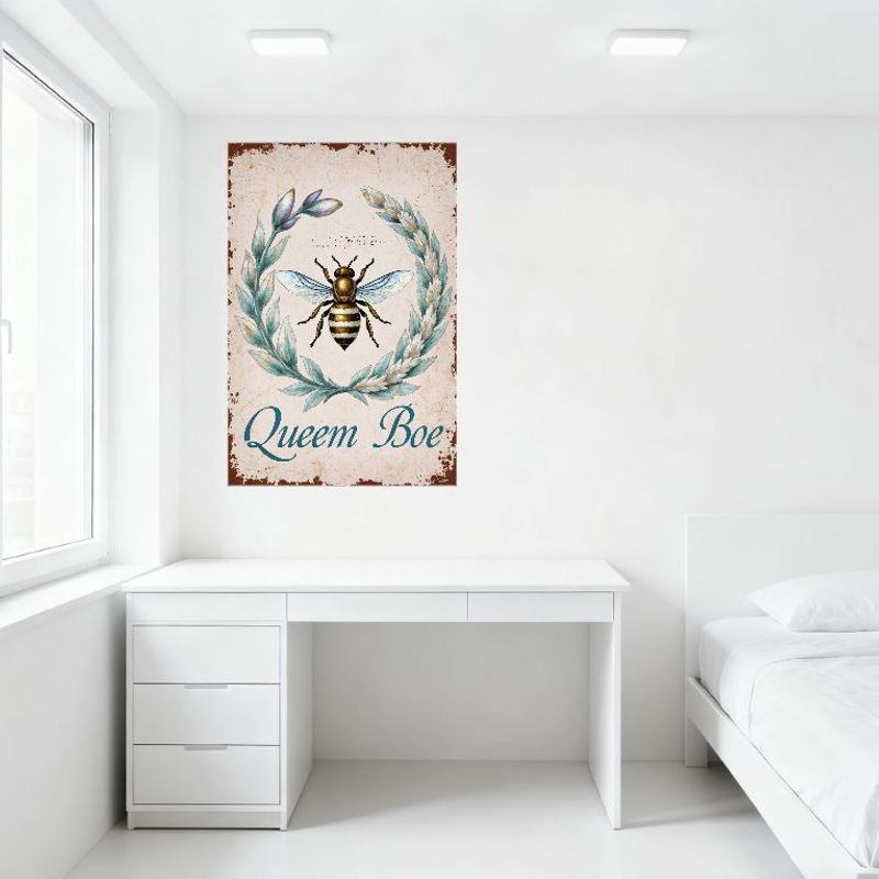 Vintage Rustic Bee Wreath Metal Tin Sign with Blue Floral Frame, 'Queem Boe' Cursive Text - Antique Aged Beige Background for Ho