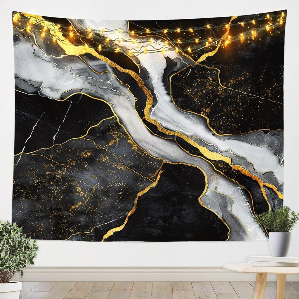 Blue Gold Marble Tapestry, Luxury Ocean Wave Wall Hanging with Golden Veins for Bedroom, Living Room & Aesthetic Home Decor
