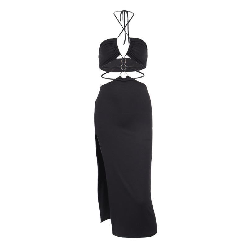 European and American women's clothing party dress sexy hollow lace-up high split dress, neck dress women