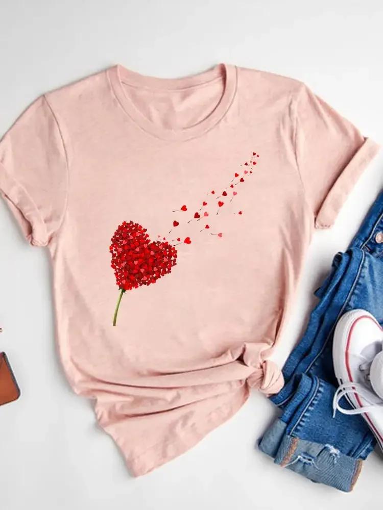 Women's Watercolor Love Heart Print T-Shirt Short Sleeve Tee Basic Clothing Summer Top Graphic Clothes Sweet Fashion