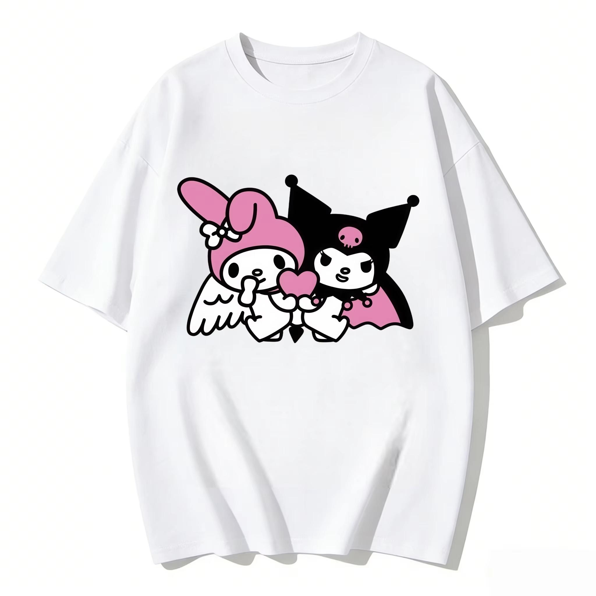 

2026 New My Melody Kuromi Angel Devil Heart Cartoon Print Tshirt Family Matching Outfits Casual Short Sleeve Tee Women Unisexs S