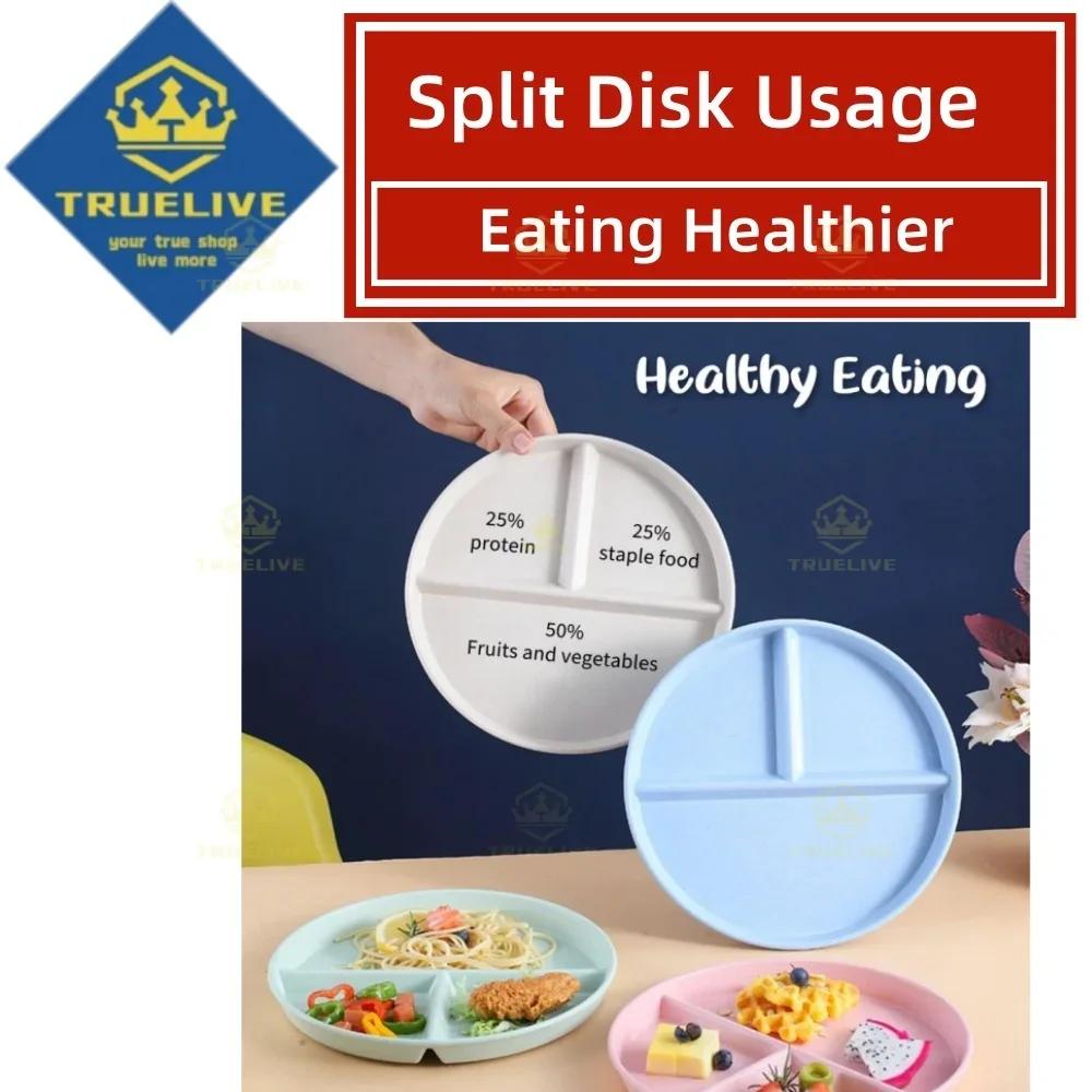 5/3/1pcs Reusable Round Dinner Plate Divided Dish In 3 Diet Dinner Plate Lightweight Wheat Straw Plates Weight Control Bowl