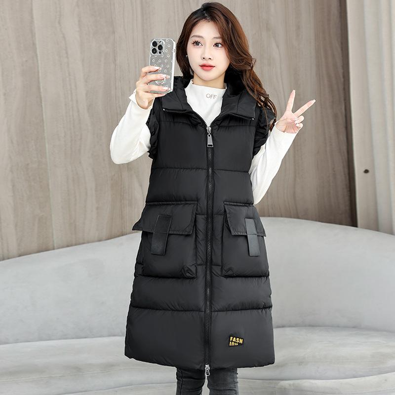 Large Size Autumn and Winter Women's Vest Hooded Mid-length Outdoor Thickened Windproof Warm Vest Loose Sleeveless Jacket Jacket