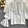 Satin Loose Shirt Long Flared Sleeves Ruffles O Neck Beading  Women Gentle Office Lady Casual Blouse