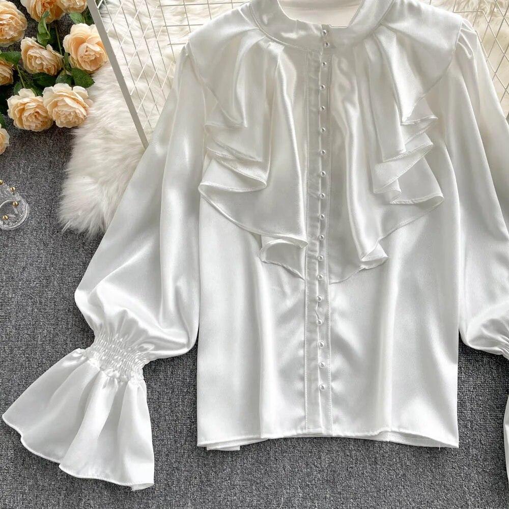Satin Loose Shirt Long Flared Sleeves Ruffles O Neck Beading  Women Gentle Office Lady Casual Blouse