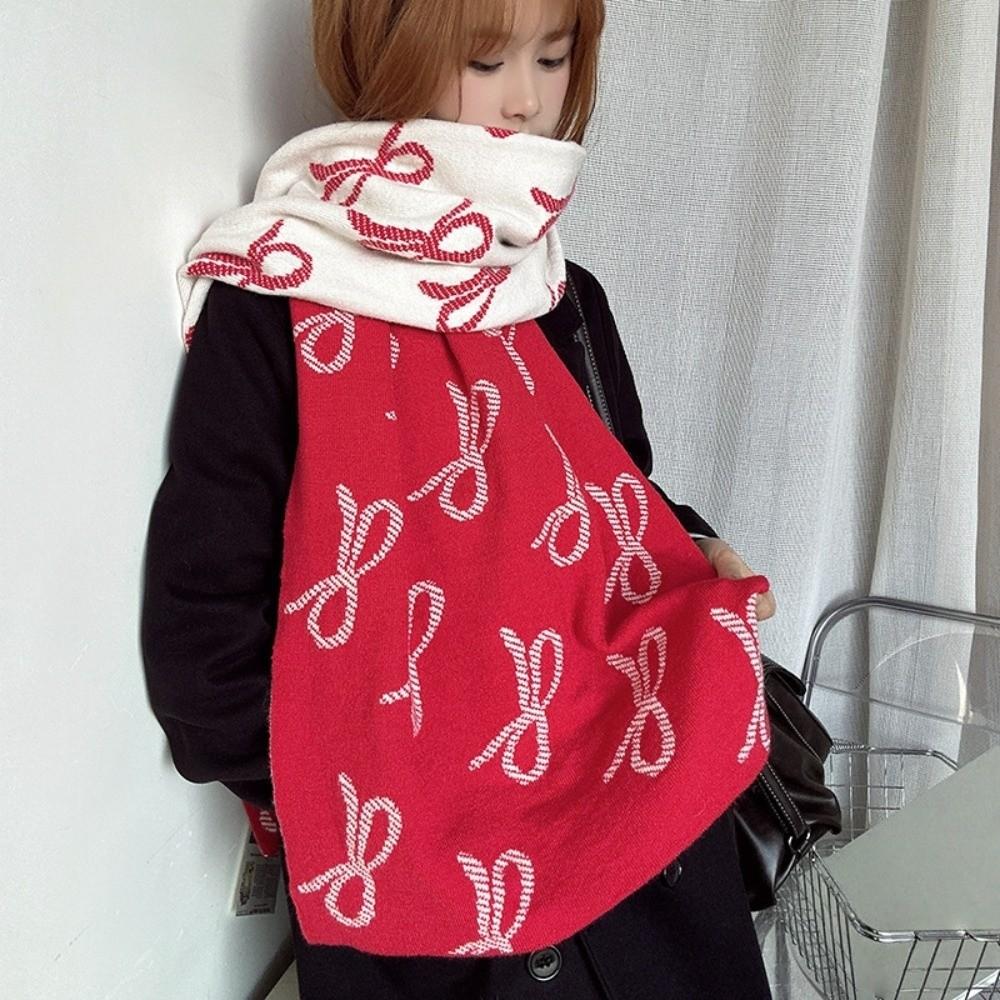 Lightweight Imitation Wool Scarf Two-sided Winter Shawl Trendy Bow Scarf Gift