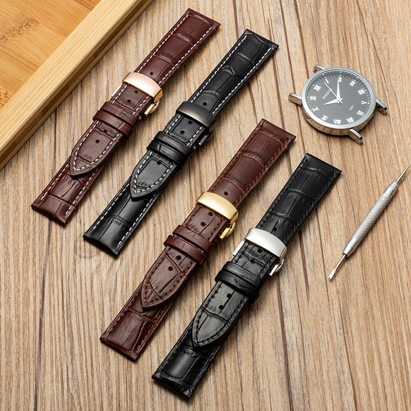 Bamboo Pattern Genuine Leather Watch Strap with Soft Cowhide and Butterfly Buckle for Men and Women