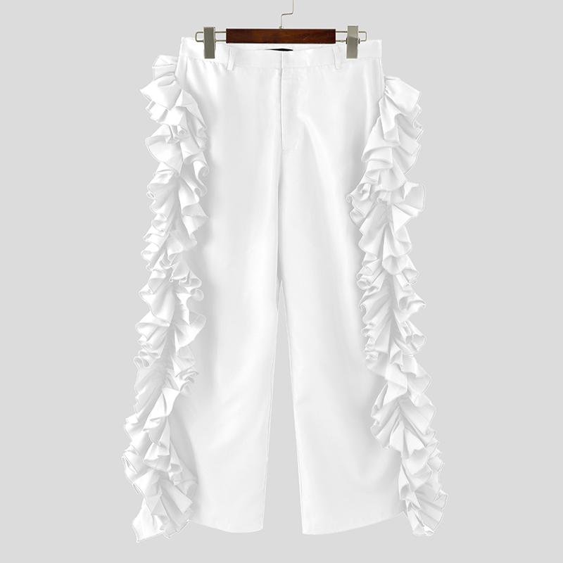 

INCERUN S-5XL Мужские повседневные длинные брюки с высокой талией, оборками и многослойным декором по бокам 2XL белый