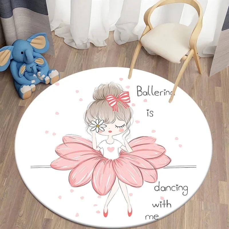Cartoon Ballet Girl Round Carpet Moon Princess Print Rug For Children's Room Sofa Living Room Balcony Corridor Decor Floor Mat