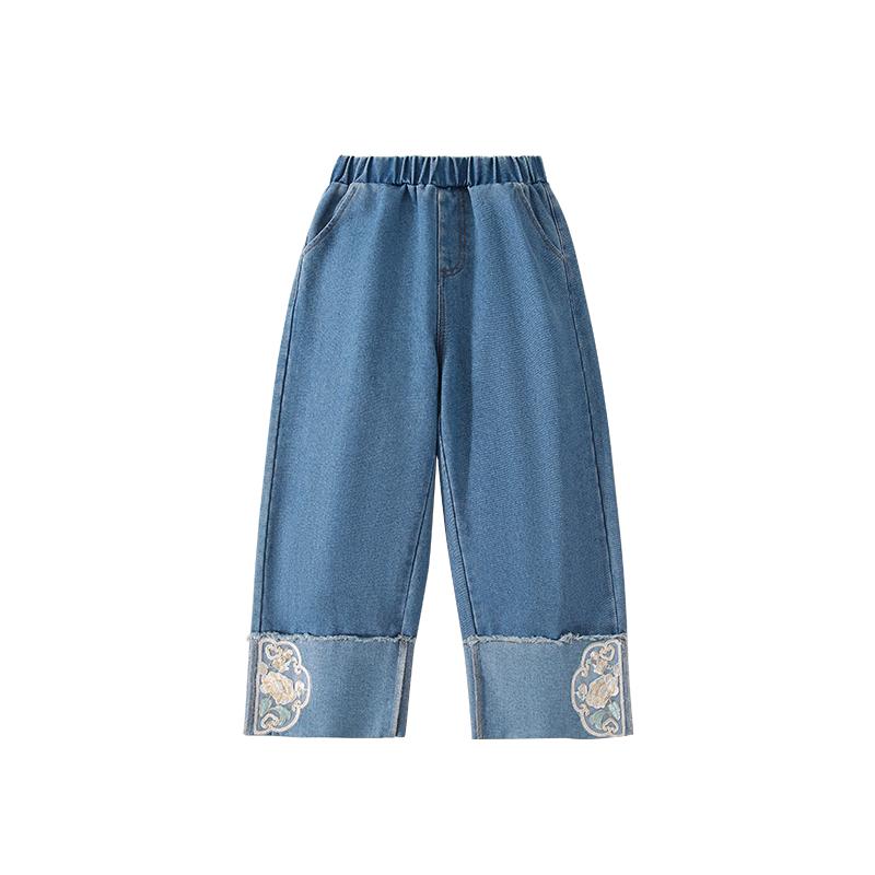Classic Teddy Girls  New Chinese Style Wide-Leg Denim Pants 140