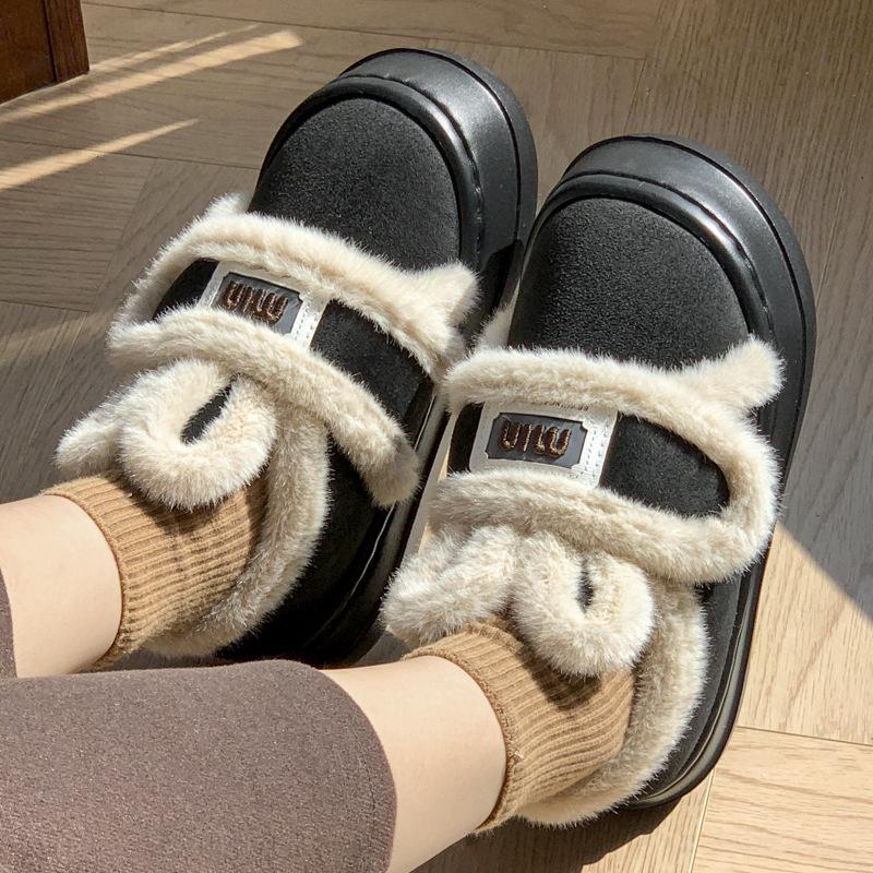 Rabbit ear cotton slippers winter 2025 new indoor home platform cute plush warm bag and cotton shoes outside wear