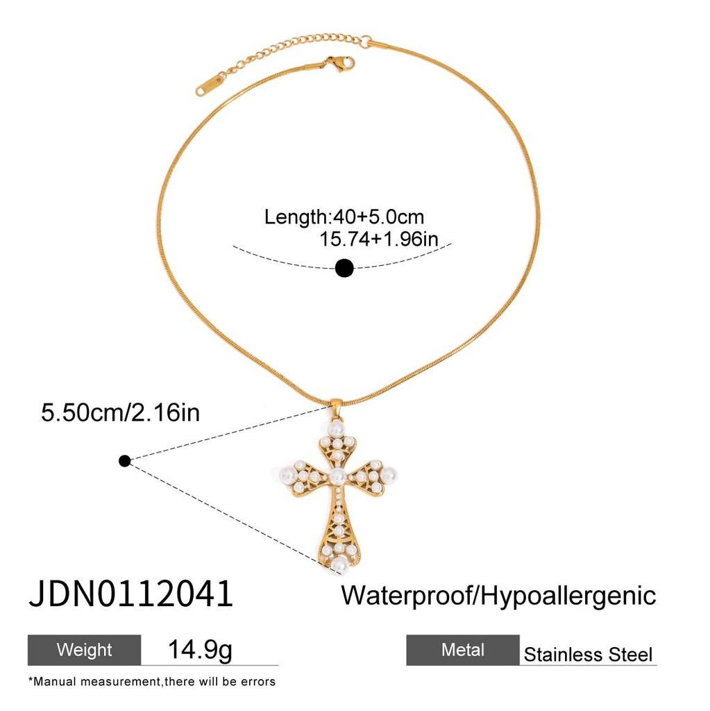 Youthway Vintage Elegant Stainless Steel Geometric Colorful Zircon Imitation Pearl Cross Pendant Necklace Set Women Jewelry Gift