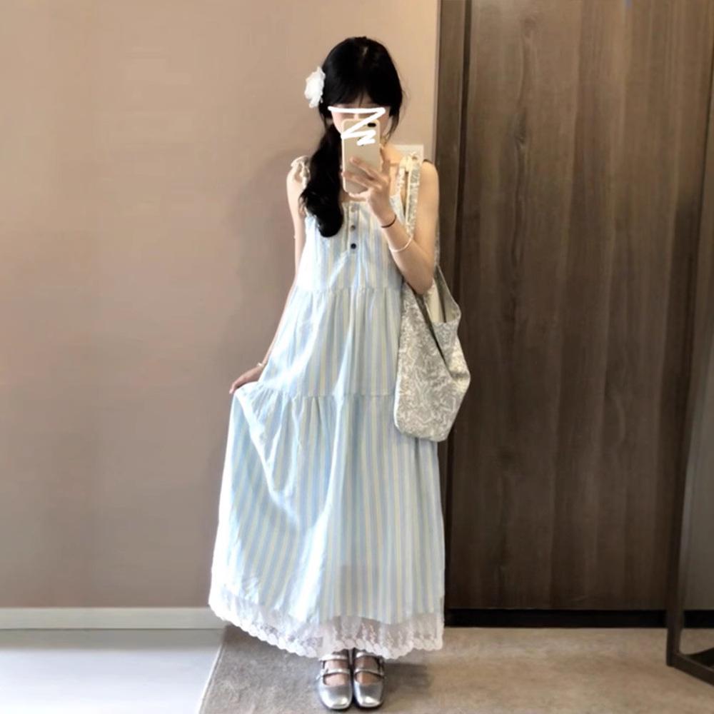 Holiday Style Striped Suspender Dress Women's Summer New French Temperament Loose Small Fresh Blue Dress