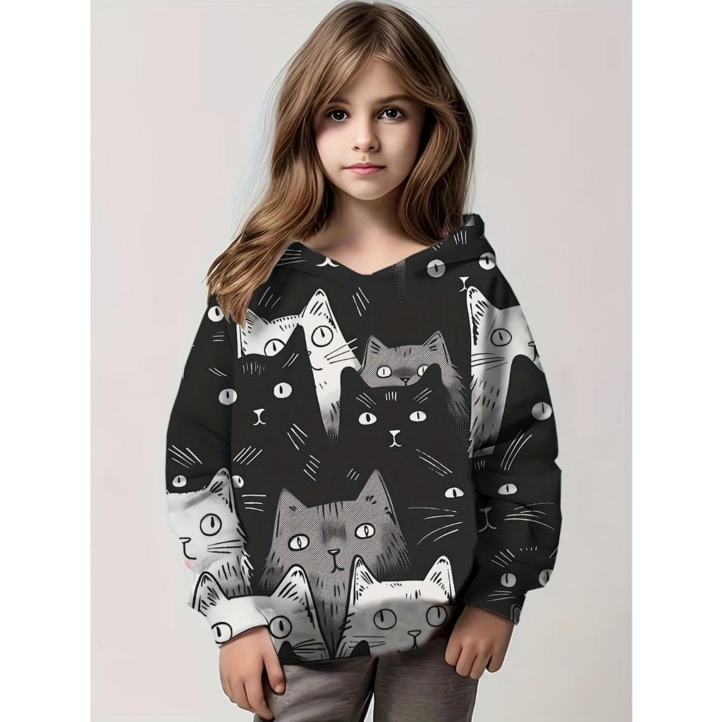 Kids Clothes Girl Hoodies Long Sleeve Cute 3D Cat Print Children Spring Fall Clothes Casual Cartoon Outdoor Girl Clothes Tops