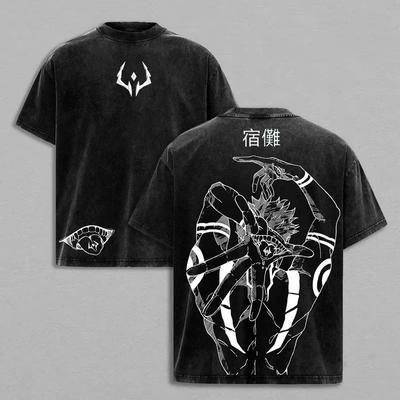 Ryomen Sukuna Print T-shirt Anime Jujutsu Kaisen Men's Clothing T-Shirt Retro Washed T Shirt Harajuku Male  Tops