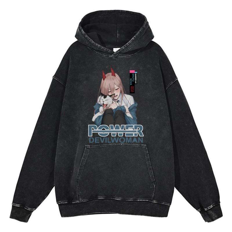 Heavyweight 440g Washed Vintage Denim-Style Anime Hoodie Men Streetwear Casual Sweatshirt