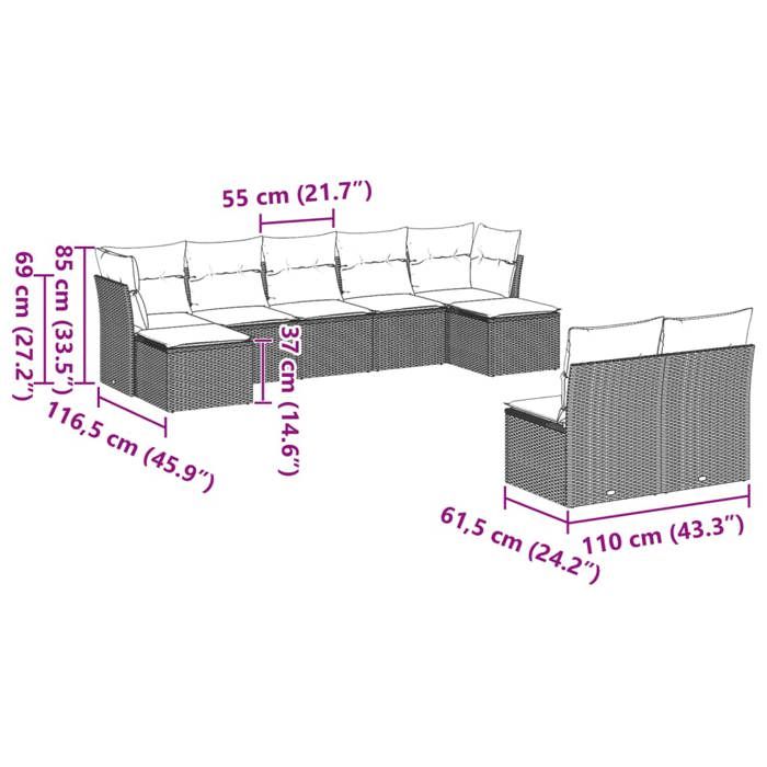 VidaXL Garden Lounge Set with Cushions 9 Pcs, Sofas with Adjustable Feet, Outdoor Furniture Set Patio Terrace, 3218272