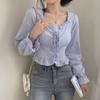 Early Autumn Korean French Square Neck Tie Long Sleeve Blouse Women Slim Fit Unique Top