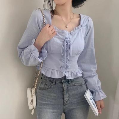 Raně podzimní korejská halenka s dlouhým rukávem a čtvercovým výstřihem se zavazováním, dámský slim fit unikátní top
