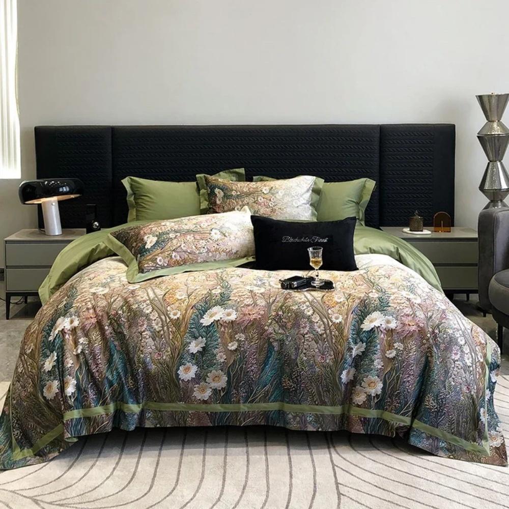 1000TC Egyptian Cotton Luxury Flowers Digital Printing Bedding Set 1 Duvet Cover Set, 1 Flat/Fitted Bed Sheet, 2 Pillowcases