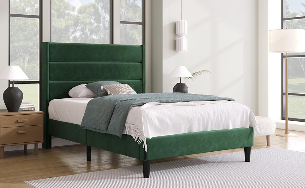 Stoppad säng 90 x 200 cm, Sängram med ribbotten & Huvudgavel, Sammetstygöverdrag i Mörkgrönt, Tidlös Modern Design, Ungdomssäng