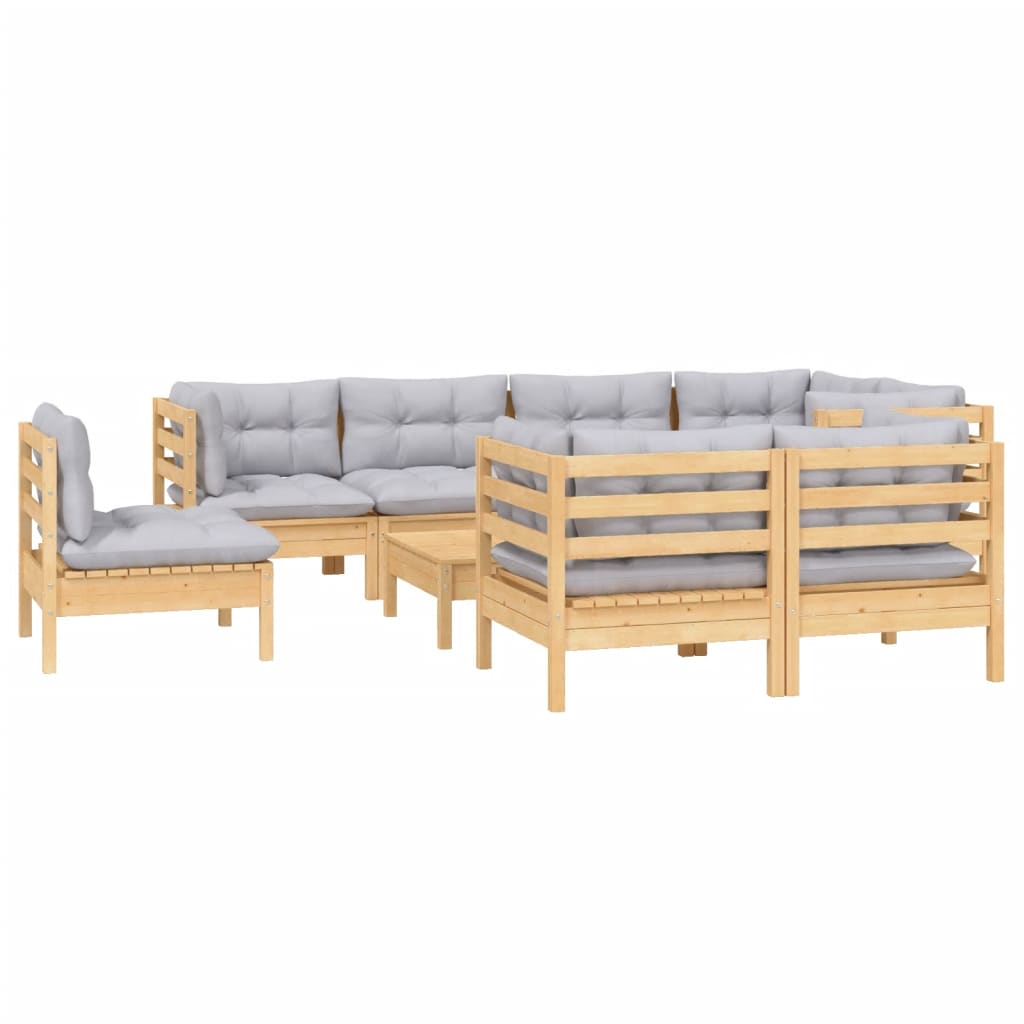 Vidaxl 9-Cz. Garden Lounge Set, Grey Cushions, Pine