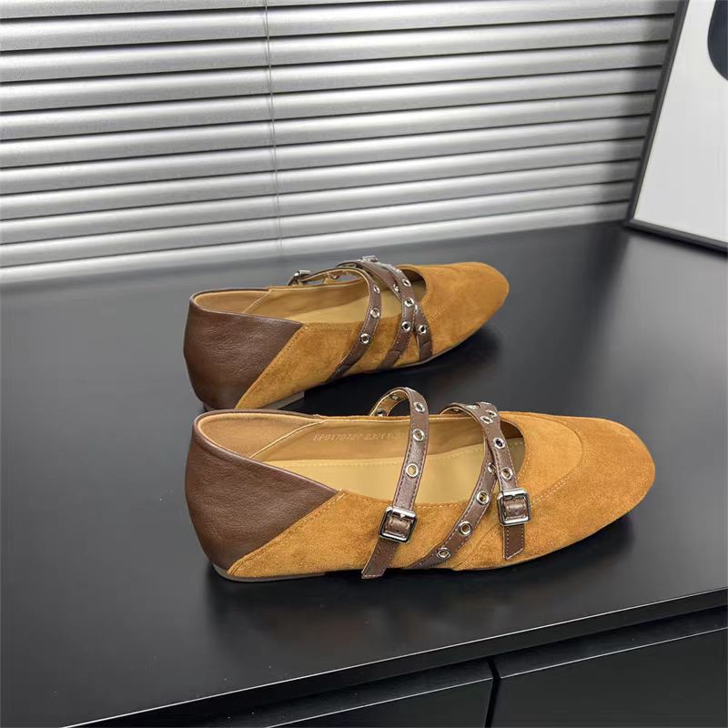 Retro caramel Mary Jane shoes women's flat summer new double buckle with matte light mouth single shoes